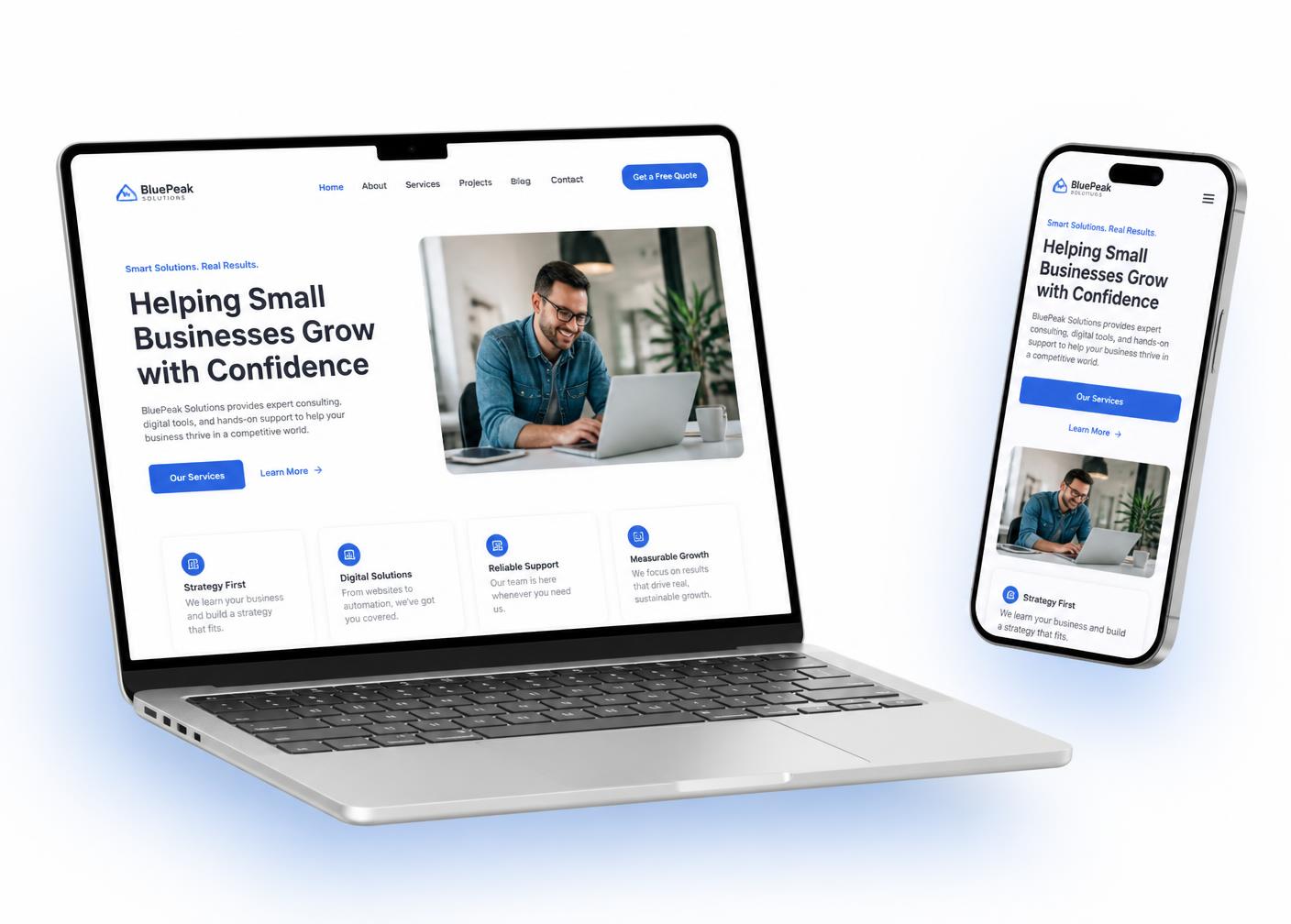 Laptop and phone showing a modern small business website built by WebBuilt Designs